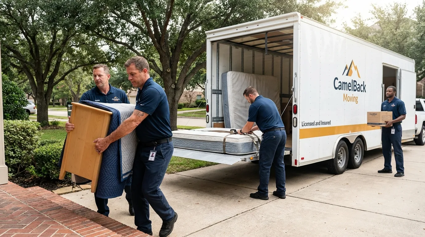 Crew loading residential truck for cross-state move from Dallas Center, IA