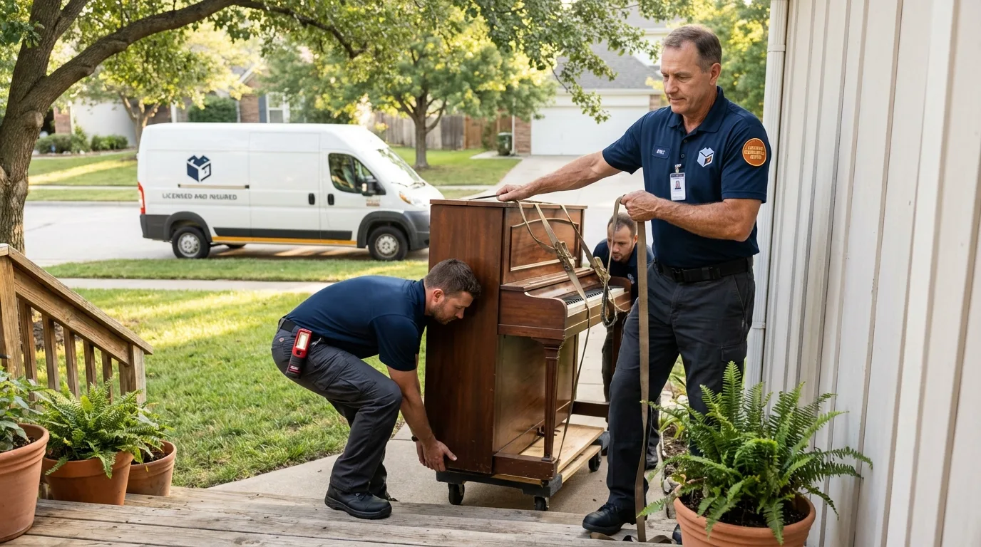 Licensed piano movers securing grand piano in Dallas Center, IA