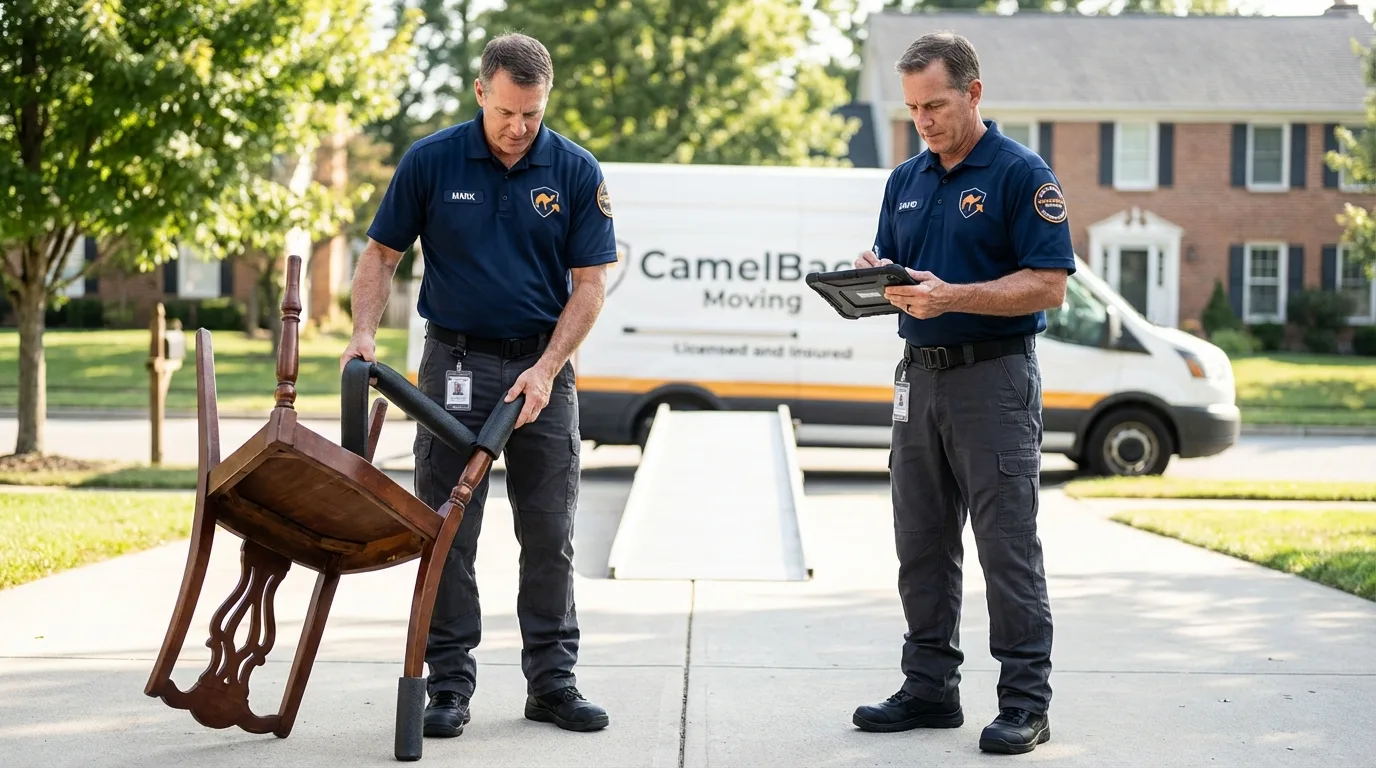 Movers inspecting furniture for damage prevention before loading in Dallas Center, IA
