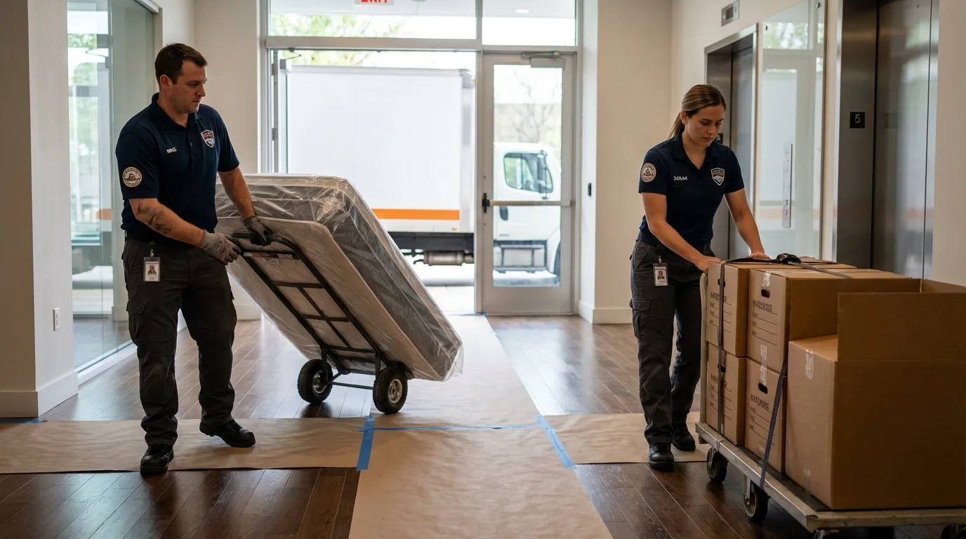 Professional apartment movers loading elevator in Dallas Center, IA