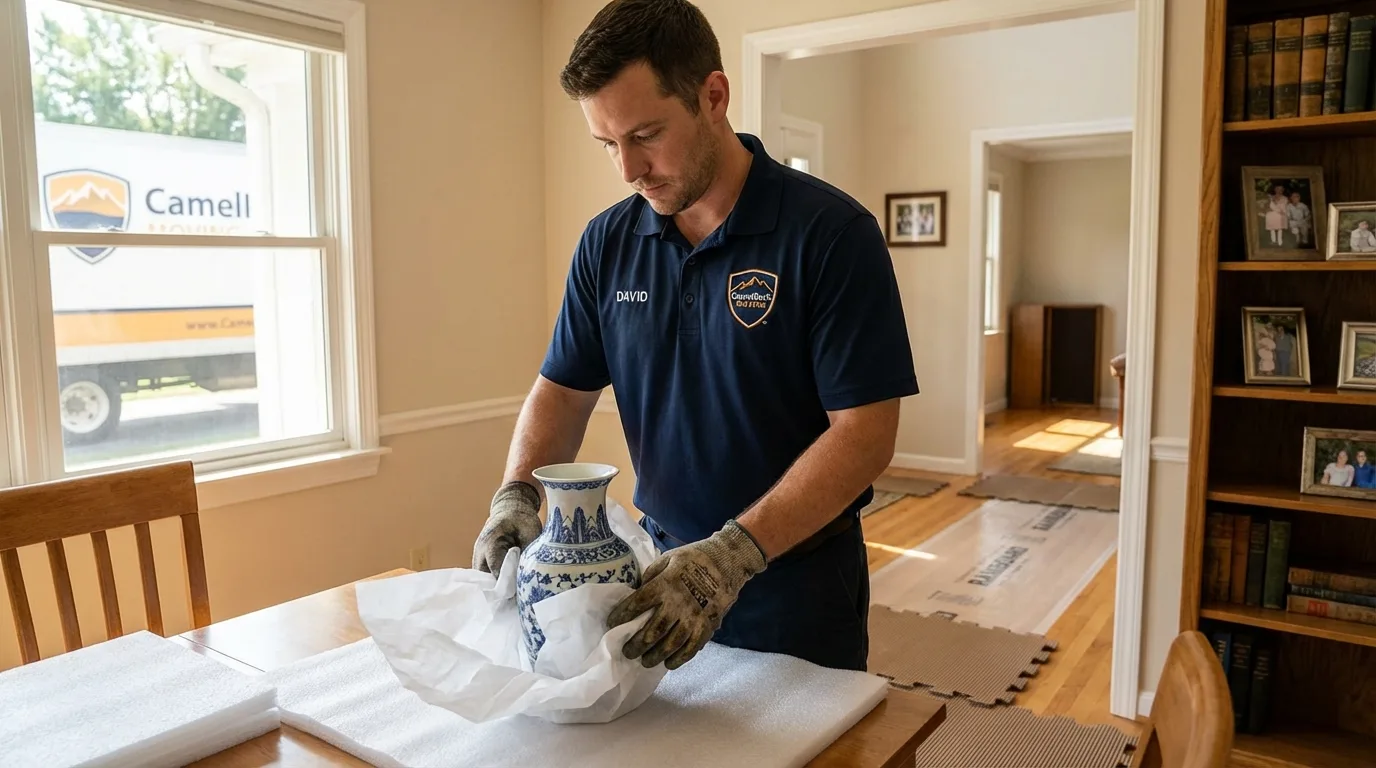 Professional crew carefully wrapping antique vase for senior downsizing move in Dallas Center, IA