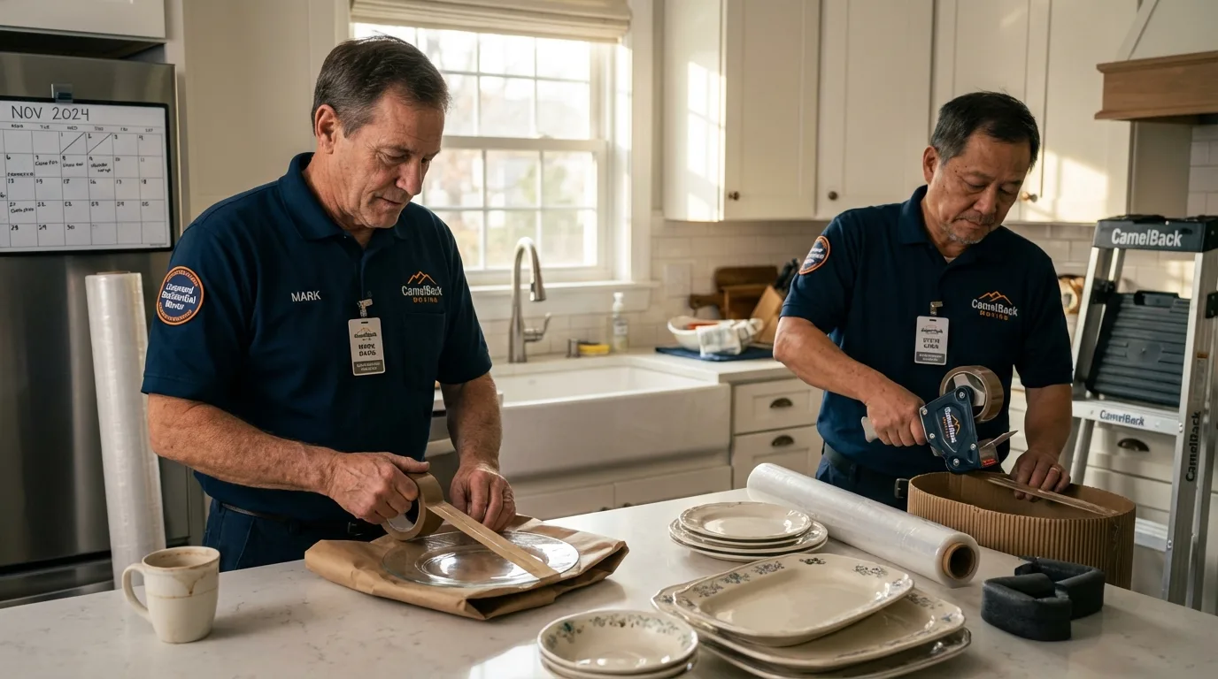 Professional crew packing kitchen dishware in Dallas Center, IA